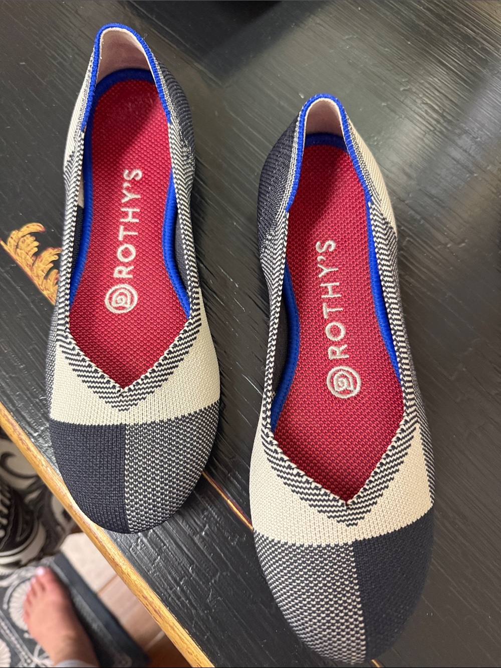 Rothy's Black & Cream Check Ballet Flat with Red Insole